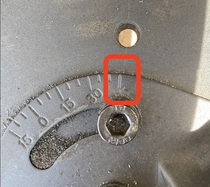 Chop saw angle scale with the incorrect 45-degree setting highlighted